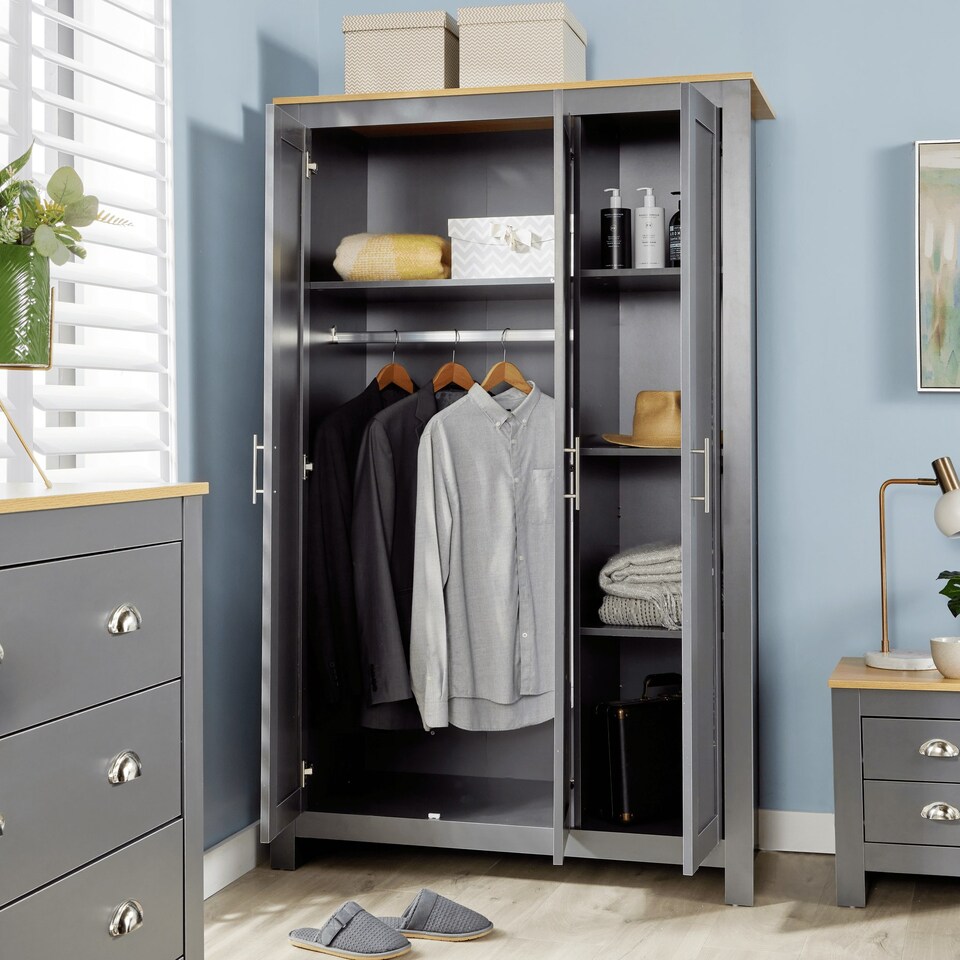 image 1 of Wardrobe 3 Door Bedroom Furniture Clothing Storage Oak Top Wooden Unit White