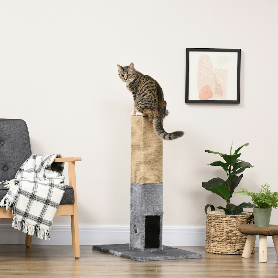 image 1 of PawHut 79cm Jute Scratcher Climber with Toy, Self Grooming Brush, Grey