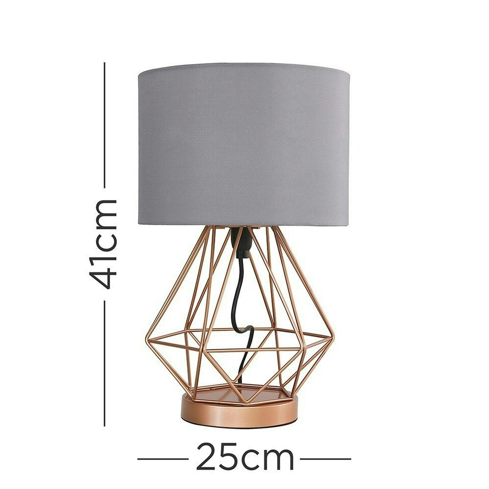 image 1 of ValueLights Pair of - Copper Metal Basket Cage Touch Table Lamps with a Grey Cylinder Shade - Complete with 5w LED Dimmable Bulbs 3000K Warm White Grey