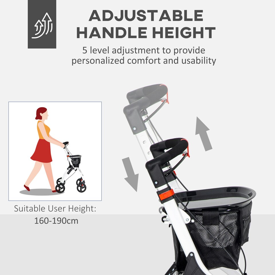 image 1 of HOMCOM Folding Upright Rollator Walker with Storage Bag, Tray, White