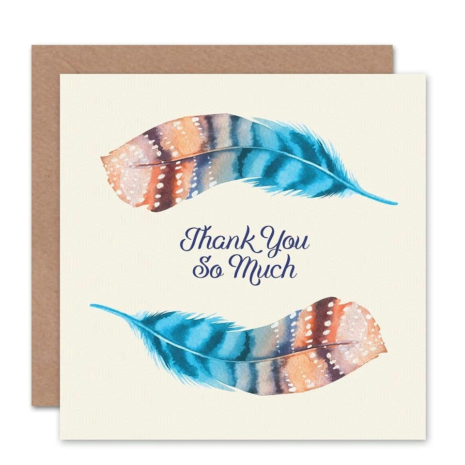 image 1 of Feather Set Watercolour Paint Cyan Orange Thank You Card