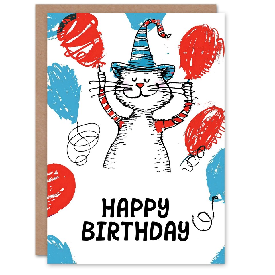image 1 of Cat Lover Balloons Hat Book Drawing Kids Child Kids Birthday Card