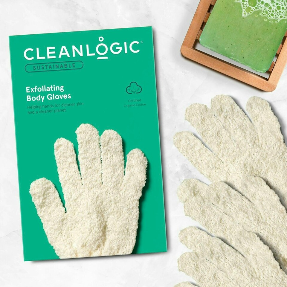 image 1 of Cleanlogic Sustainable Exfoliating Stretch Bath/Shower Gloves Contains 3 Pairs