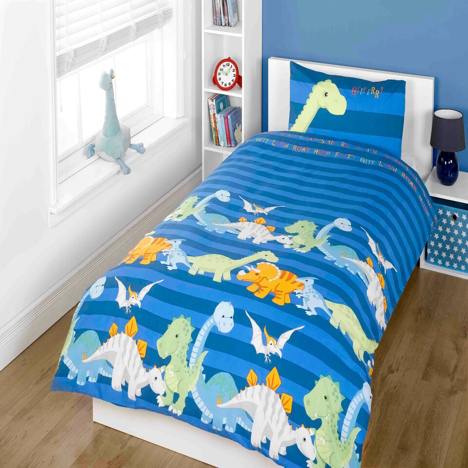 image 1 of Dinosaur Polycotton Kids Duvet Cover Set with Pillowcase Blue | Single
