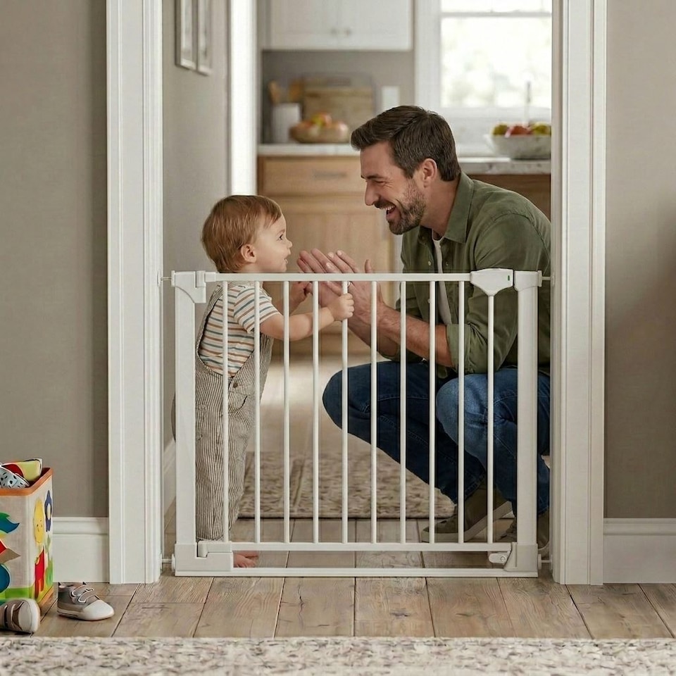 image 1 of Safetots SafeStep Gate, White, 96cm - 103cm, Extra Low Walkthough, 81cm Extra Wide Doorway, One Piece Extra Wide Baby Gate