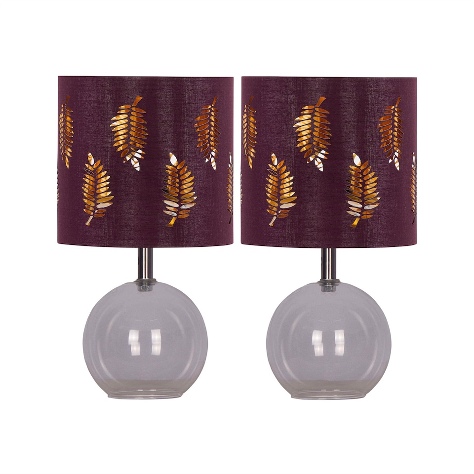image 1 of Set of 2 Buck - Clear Glass Globe Table Lamps with Burgundy Shade