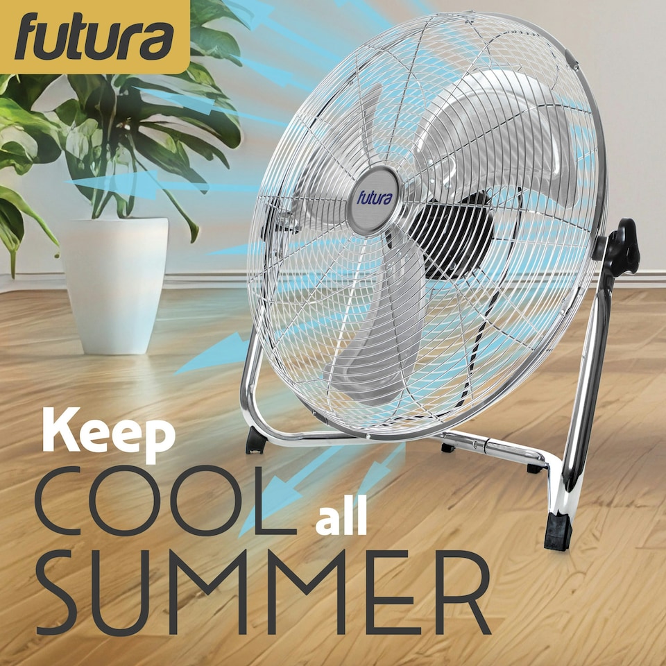 image 1 of Futura 16 Inch Chrome Floor Fan - 3 Speed Adjustable | Chrome | Polished Chrome | 16 inch | 1