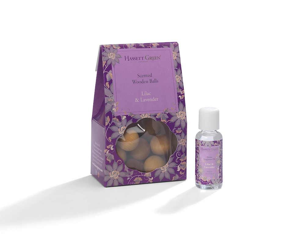 image 1 of Hassett Green London - Lilac & Lavender - Scented Wooden Balls Pack of 12 plus 30ml Bottle of Home Fragrance Oil for Refreshing - Alternative to Pot Pourri, Diffusers, Sachets and Drawer Liners
