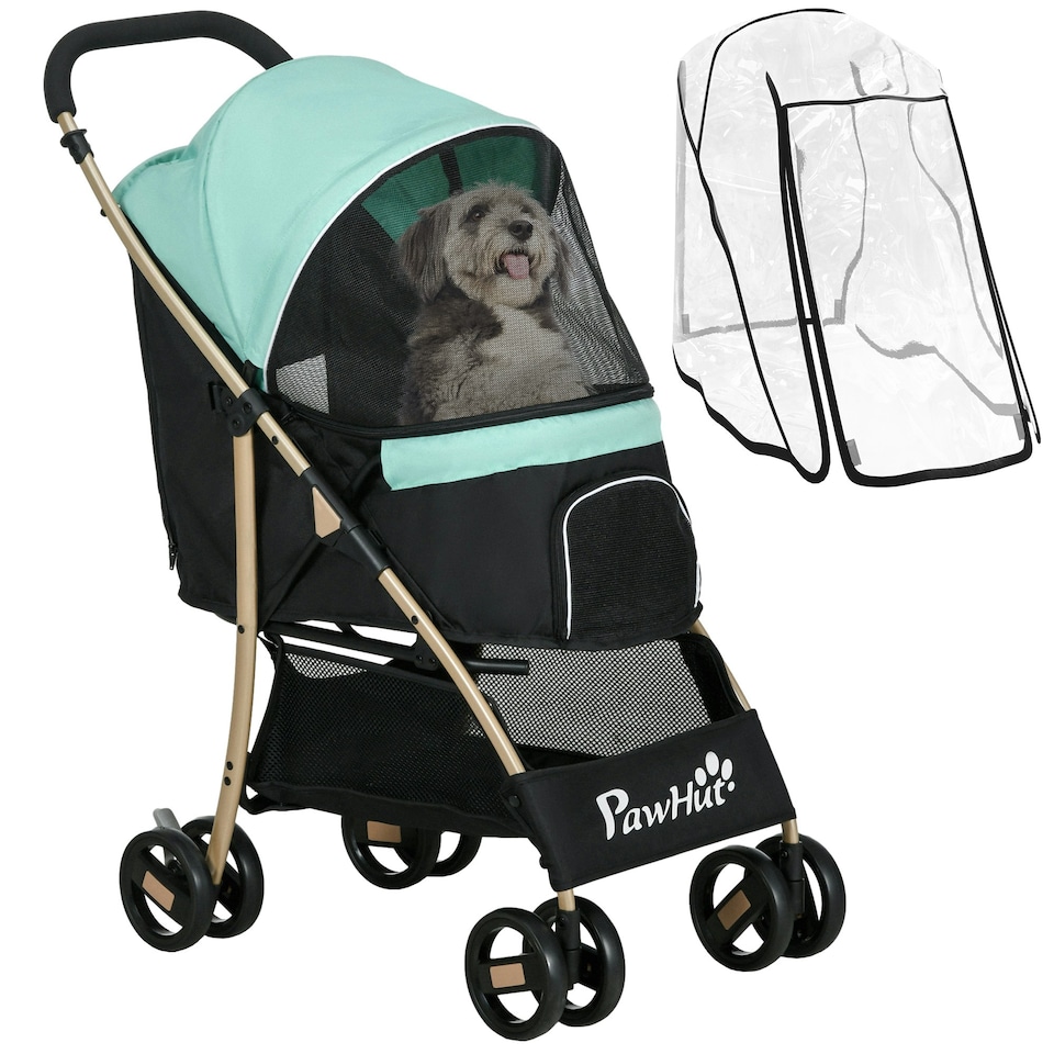 image 1 of PawHut Pet Stroller for XS and S Dogs w/ Rain Cover - Green