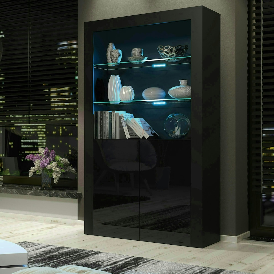 image 1 of Black Display Cabinet 100cm Gloss Doors Free LED Modern Tall Unit Black