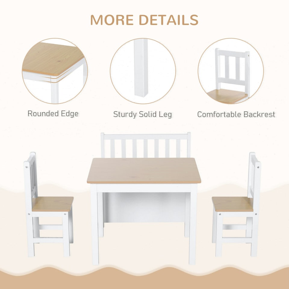 image 1 of HOMCOM 4-Piece Set Kids Wood Table Chair Bench w Storage Function for 3 Years
