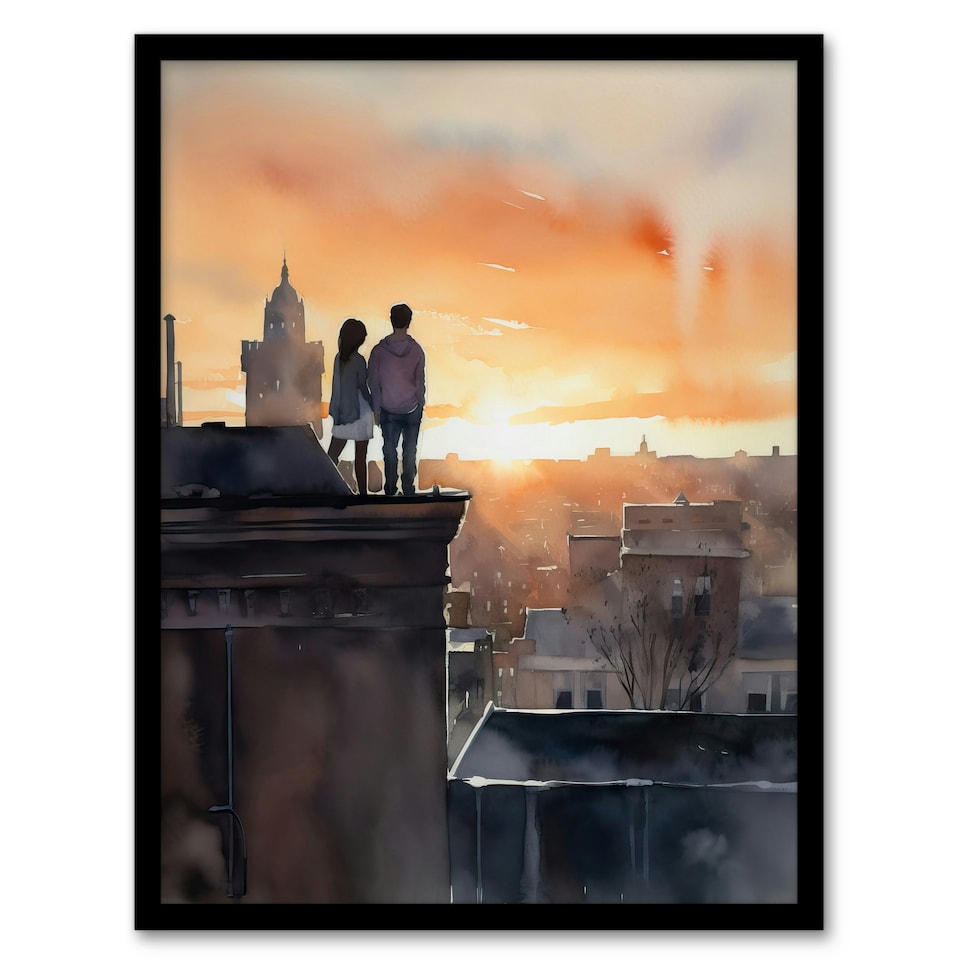 image 1 of Rooftop Romance Watercolour Orange Couple Black Framed Wall Art Print A4