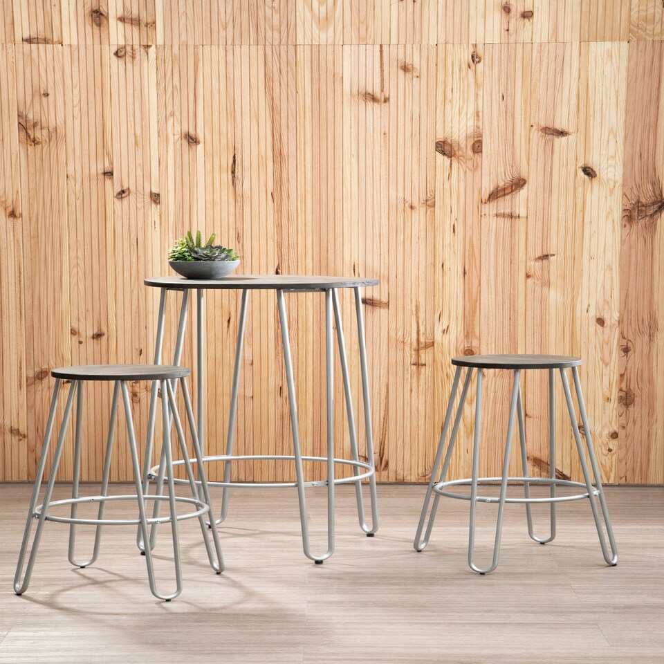 image 1 of Interiors by Premier Set of 3 Silver Frame Bar Table Stool Set , Hairpin Stool for Kitchen Counter, Elm Wood Metal Frame Stool