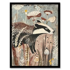 Rustic Badger Woodland Forest Wildflowers Living Room Black Framed Wall Art Print A4