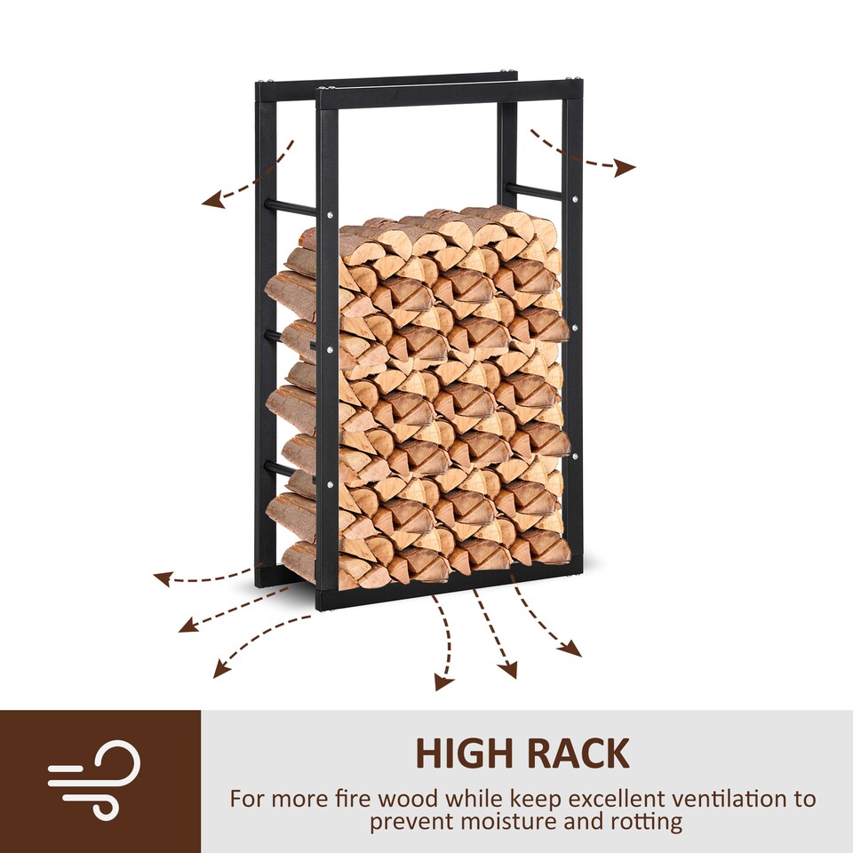 image 1 of HOMCOM Metal Firewood Log Holder Tall Firewood Rack Indoor Outdoor Fireplace Wood Storage Shelf with Side Rails, Rust-Resistant, Black, 60W x 25D x 100H cm