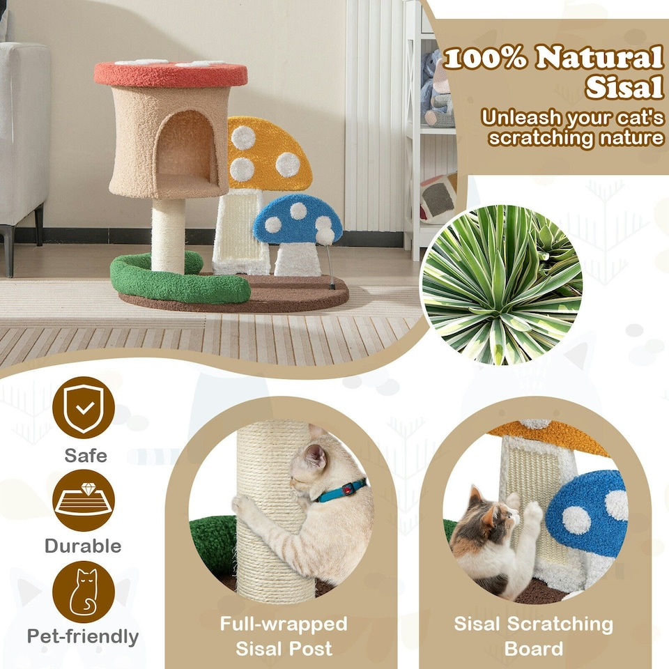 image 1 of COSTWAY Mushroom Cat Tree 4-In-1 Wooden Cat Activity Center