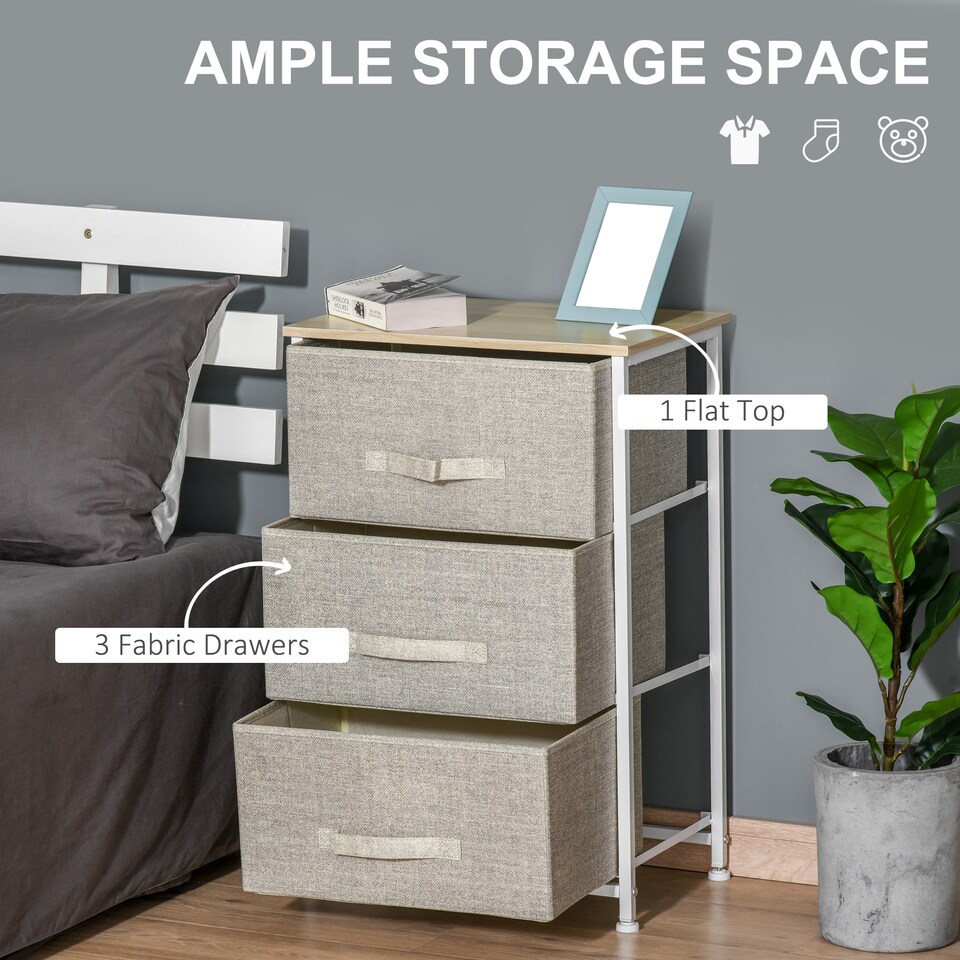 image 1 of HOMCOM Vertical 3-Tier Linen Drawer Cabinet Organizer Storage Dresser Tower with Metal Frame Adjustable Feet for Living Room, Bathroom, Kitchen, White, Oak and Light Grey