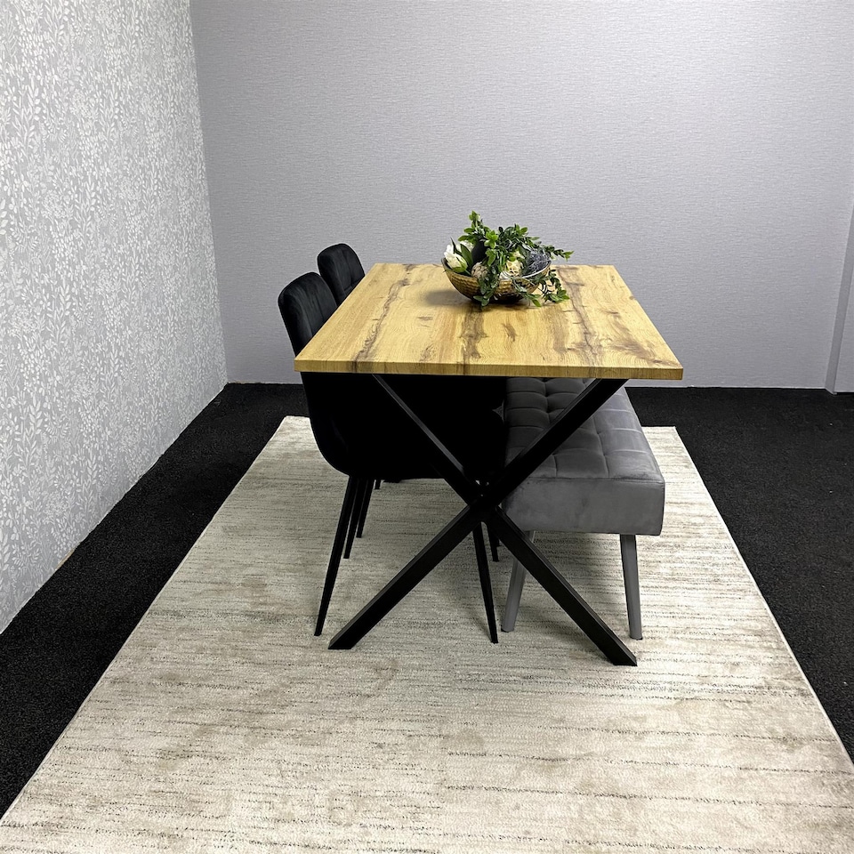 image 1 of Modern Dining Table Set with Padded Bench and 2 Black Velvet Chairs, Stylish Kitchen or Dining Room Furniture