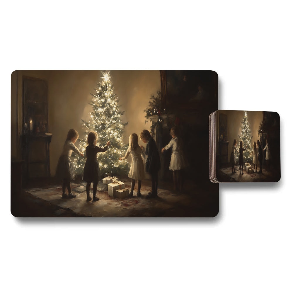 Placemat Coaster Set Designer Artwork Christmas Tree Scene With Wood Bottom Limited Edition
