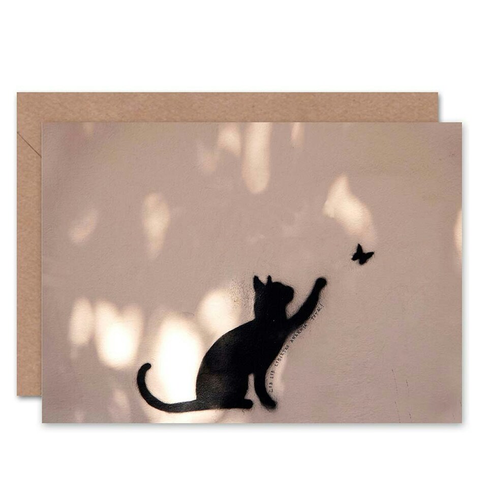 image 1 of Cat Lover Kitten Playing with Butterfly Street Graffiti Greeting Card
