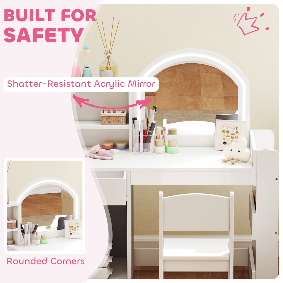 image 1 of AIYAPLAY Girls Dressing Table with 2-Colour LED Mirror and Stool, White