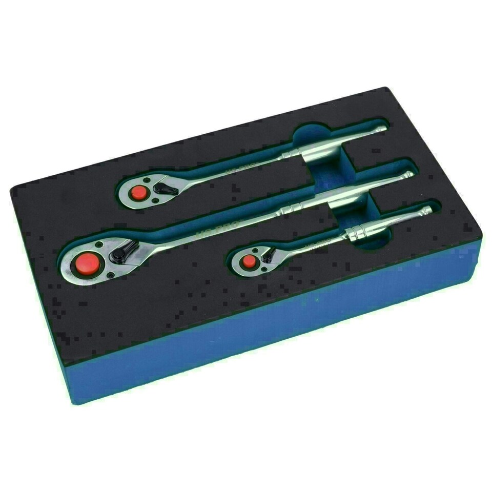image 1 of 1/4in 3/8in 1/2in Drive Ratchets with Straight Handle 90 Teeth Quick Release 3pc