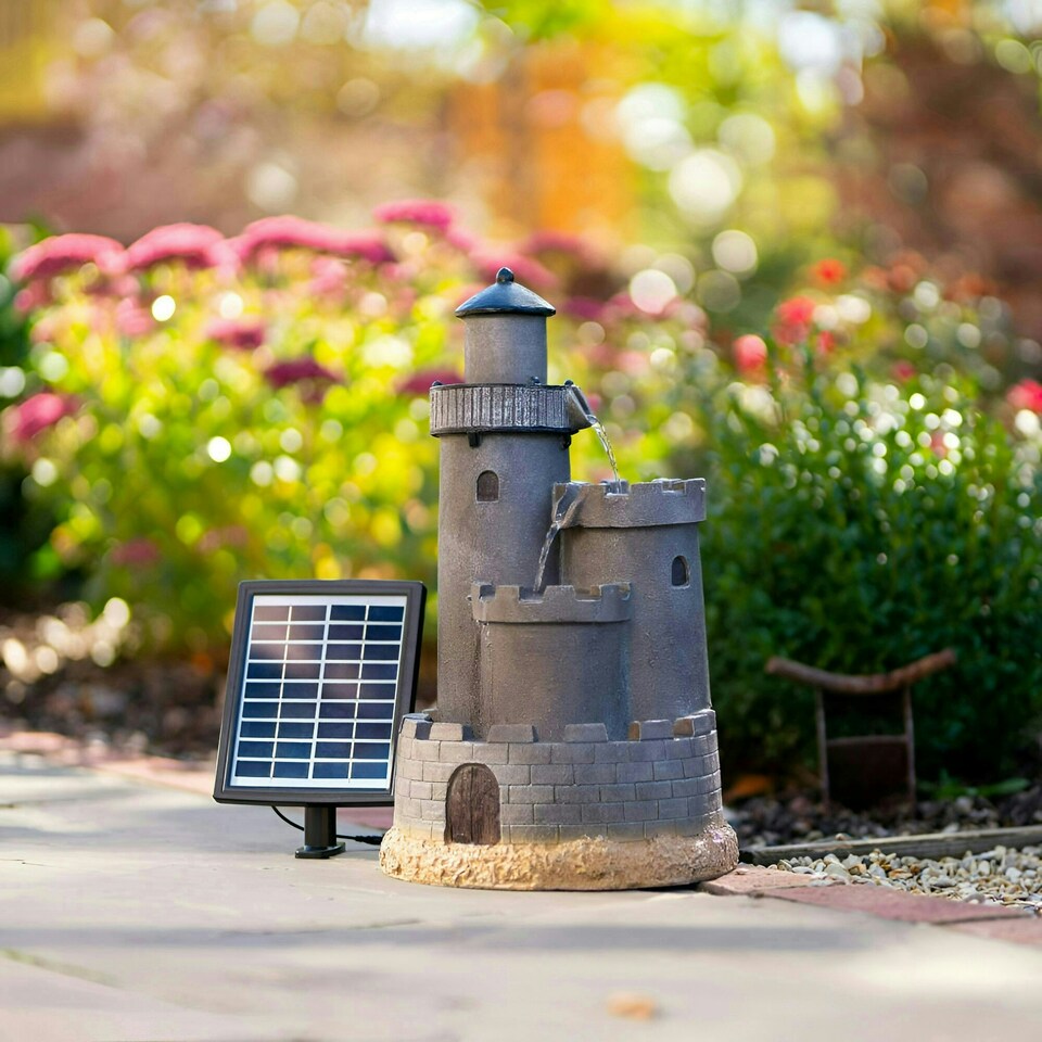 image 1 of Primrose Solar Grey Castle Cascade Water Feature with Lights 49cm