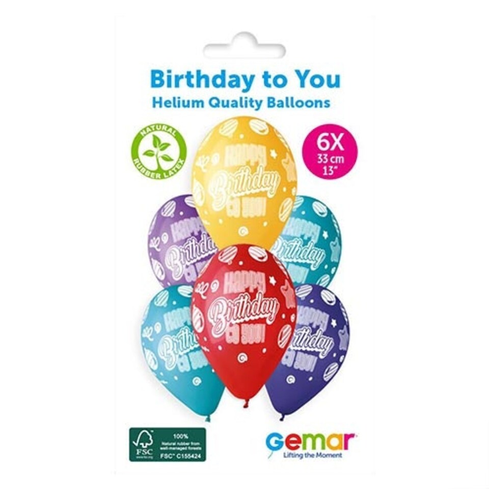 image 1 of Assorted Colour Happy Birthday To You Latex Balloons 33cm / 13 in - Pack of 6
