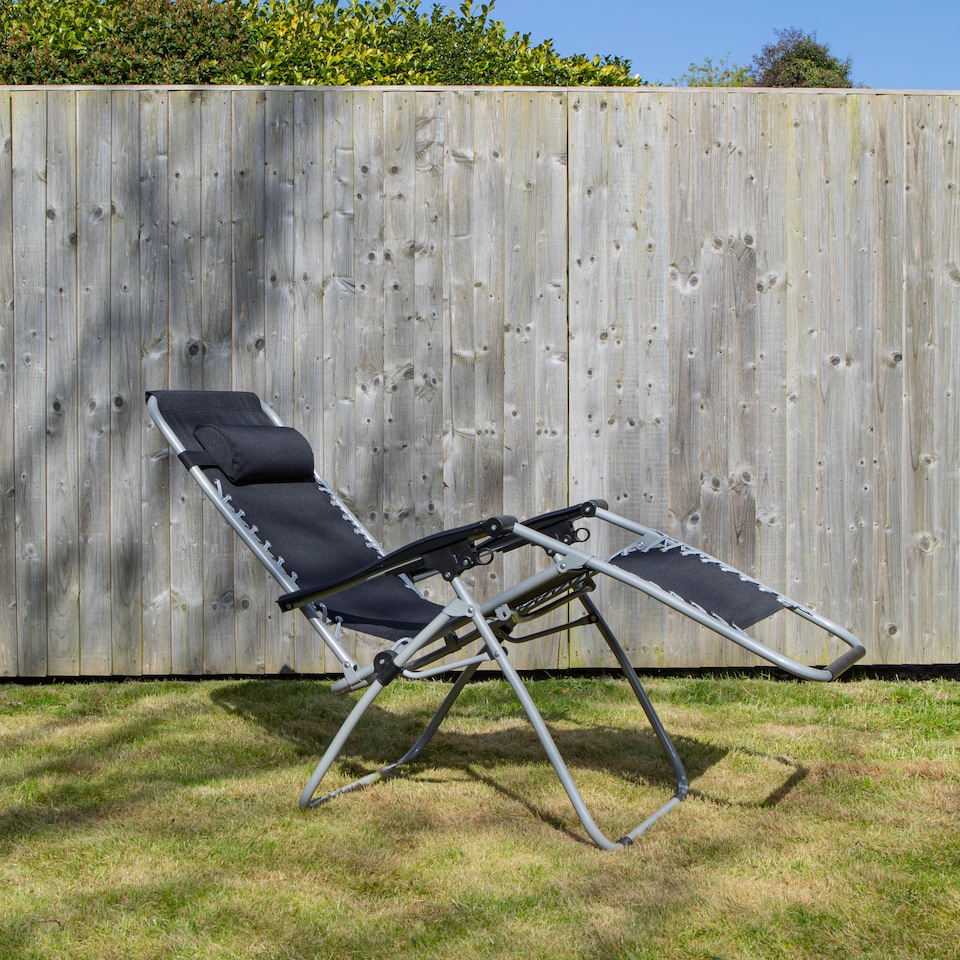 image 1 of Pair of Multi Position Garden Gravity Relaxer Chair / Sun Lounger - BLACK/SILVER