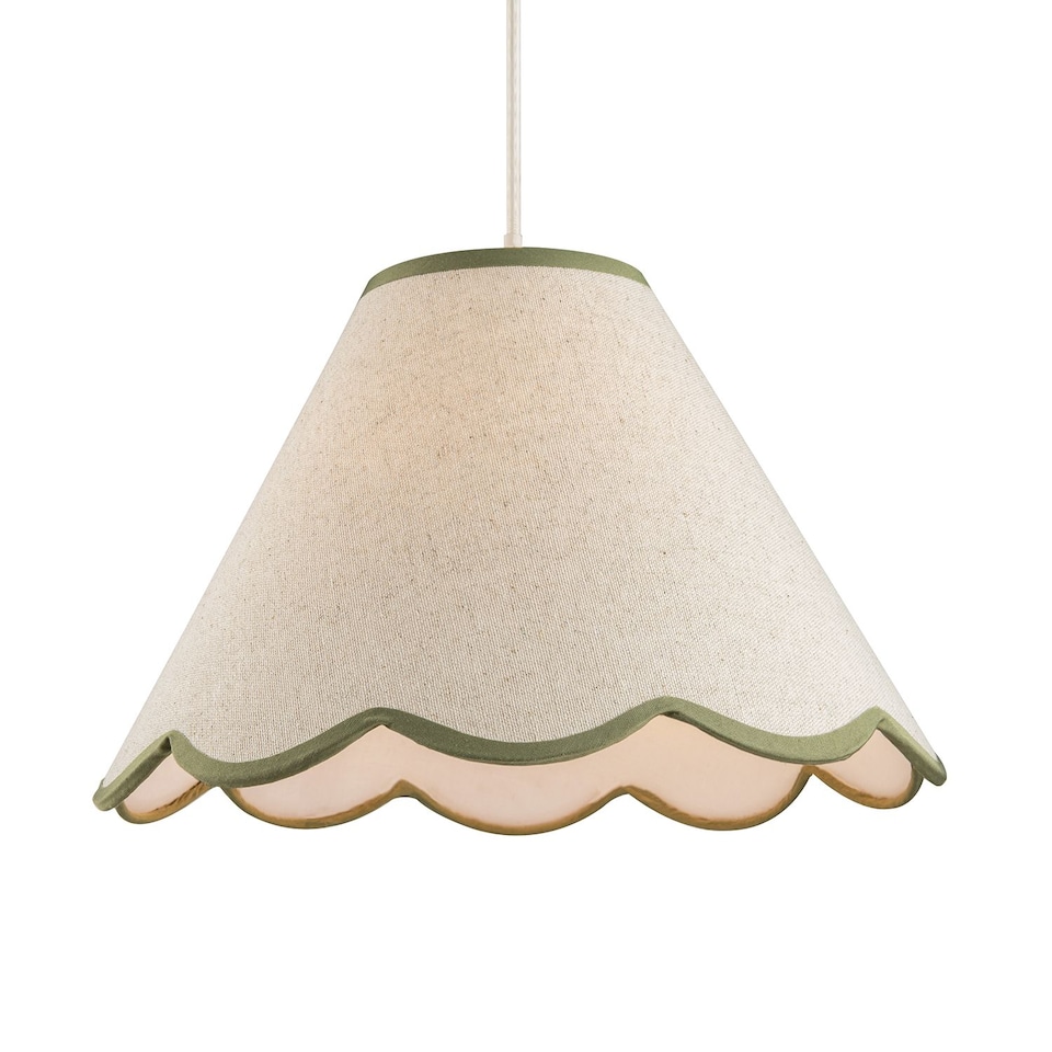 image 1 of Scallop Edge Natural Textured Linen Coolie Lamp Shade with Olive Trims | Green | Olive Green | 1