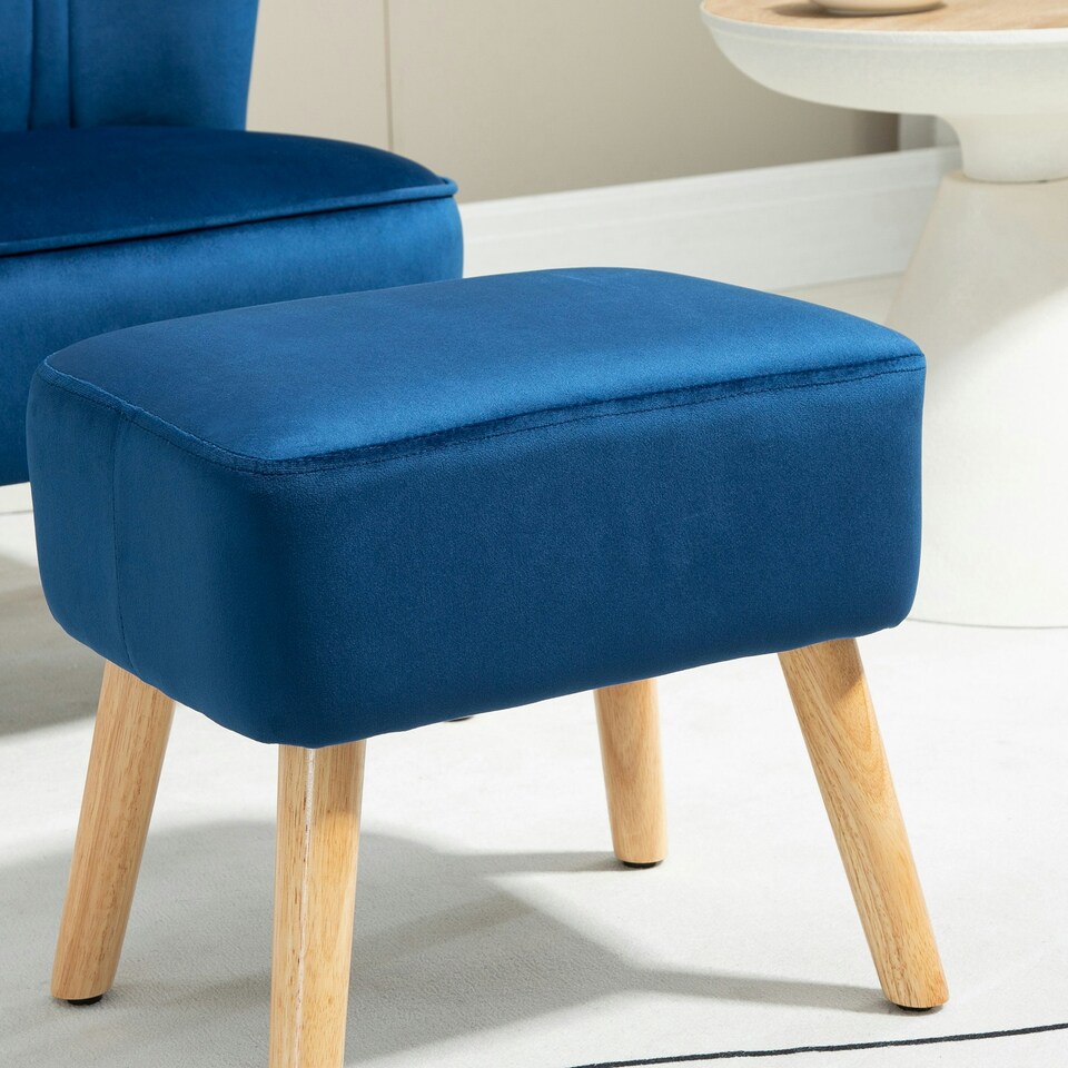 image 1 of HOMCOM Velvet-Feel Accent Chair w/ Ottoman Tub Seat Padding Wood Legs Dark Blue
