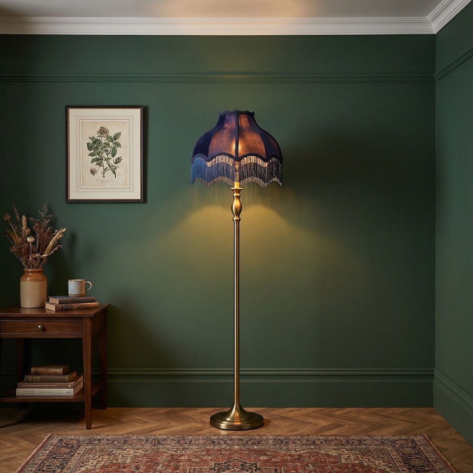 image 1 of Classic Victorian Lamp Shade in Midnight Blue Velvet with Navy Trims | Blue | 14"