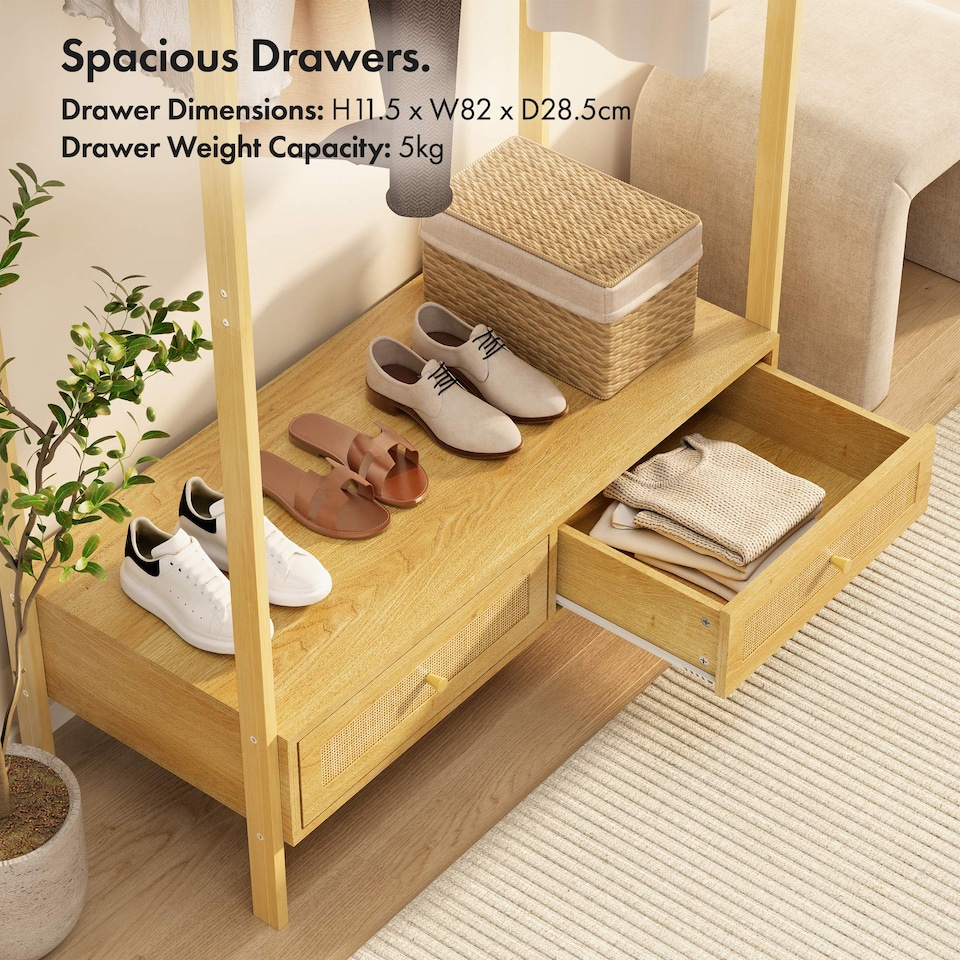 image 1 of VonHaus Clothes Rail for Bedroom, Scandi Style Natural Rattan 2 Drawer Organiser, Open Wardrobe Coat Stand, Living room Storage