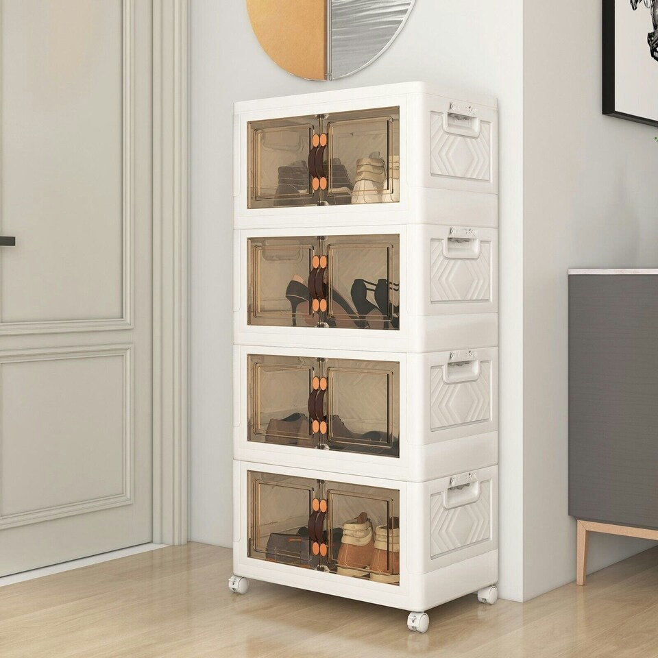 image 1 of COSTWAY 4 Pack Stackable Storage Cabinet Folding Organizer White