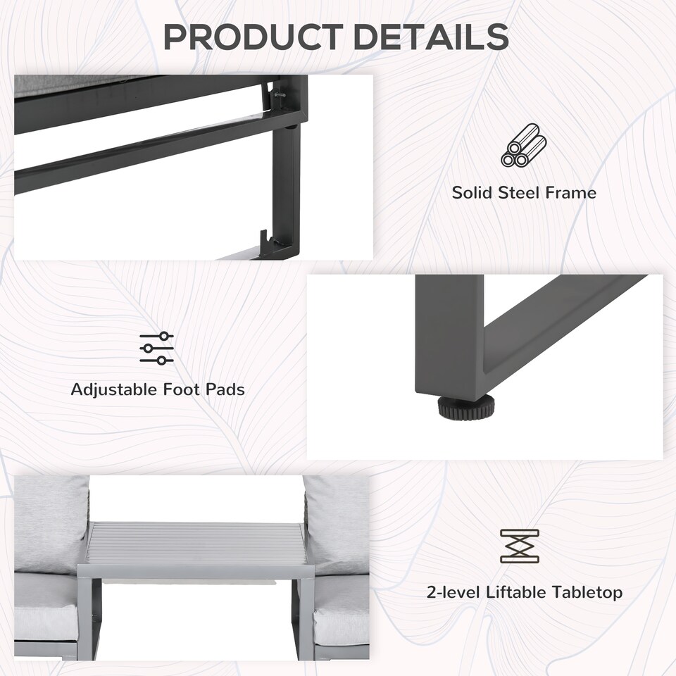 image 1 of Outsunny 3 in 1 Rattan Bistro Set, Wicker Garden Furniture Set with 2 level Rising Table, Adjustable 3 seater Sofa Lounger with Washable Cushions for Outdoor, Patio, Balcony, Grey