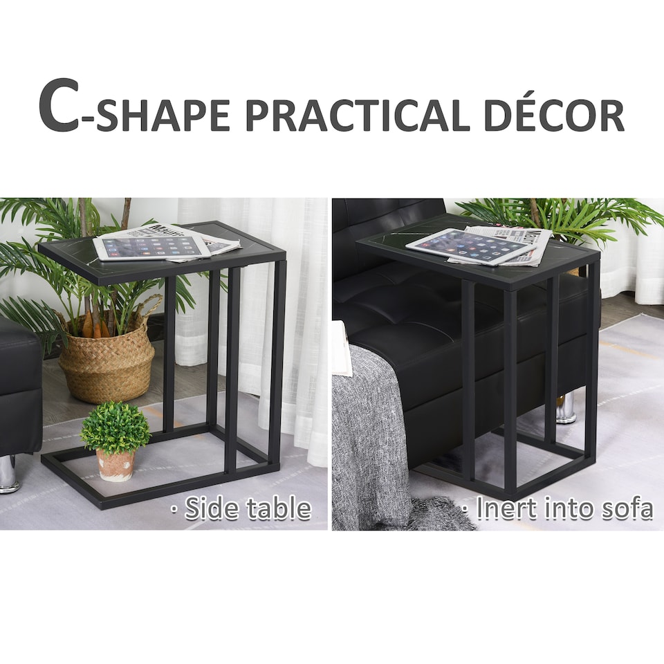image 1 of HOMCOM C Shape End Table withMetal Frame Sofa Side Table Narrow Snack Coffee Table for Living Room, Black Marble Effect | Black