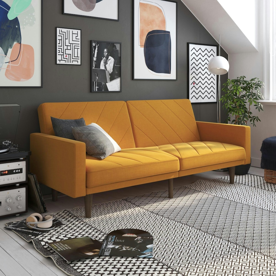 image 1 of Paxson Clic Clac Sofa Bed in Mustard Fabric | Yellow | MUSTARD | Three Seater