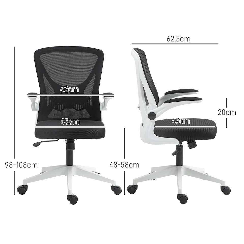 image 1 of Vinsetto Ergonomic Mesh Office Chair with Flip-up Armrests, Height Adjustable Computer Chair with Swivel Wheels, Black and White
