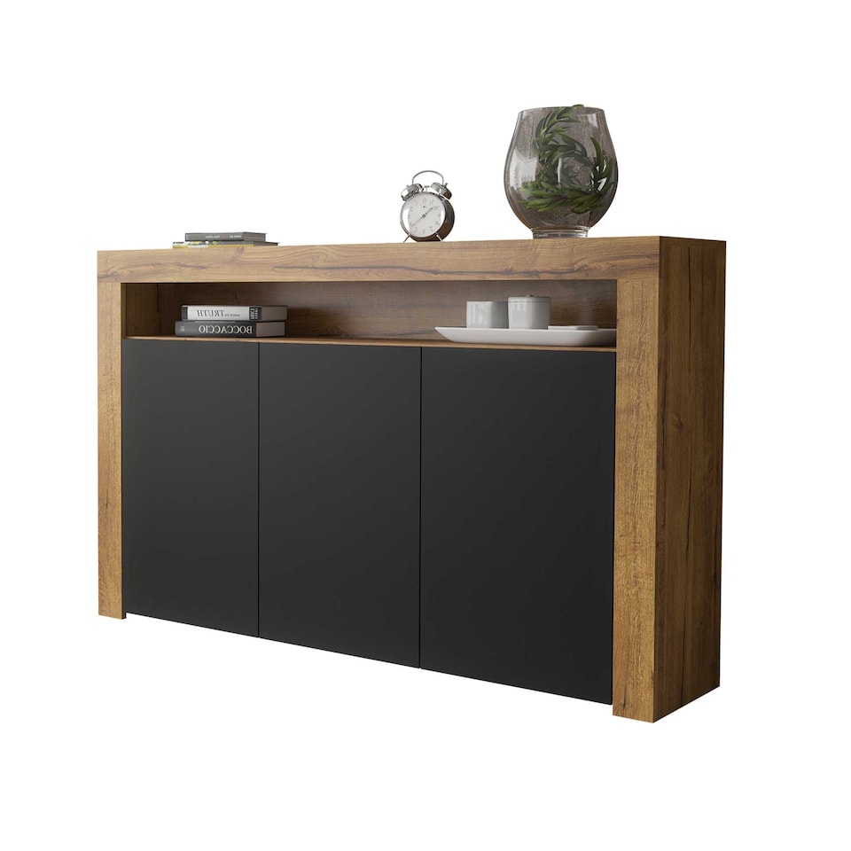 image 1 of Sideboard TV Unit TV Stand Oak Black Storage Cabinet Media Console Cupboard 155cm