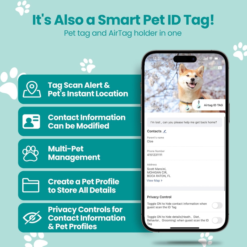 image 1 of AirTag Holder & Collar for Pets GPS Tag & App with Smart QR ID