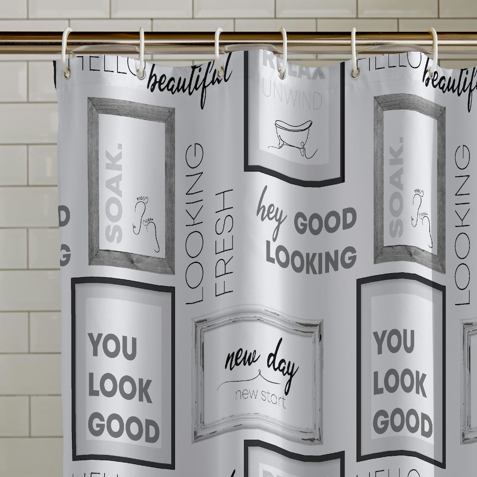 image 1 of Catherine Lansfield Relax and Unwind 180x180cm Shower Curtain Grey / Black | Grey | Grey / Black | One Size