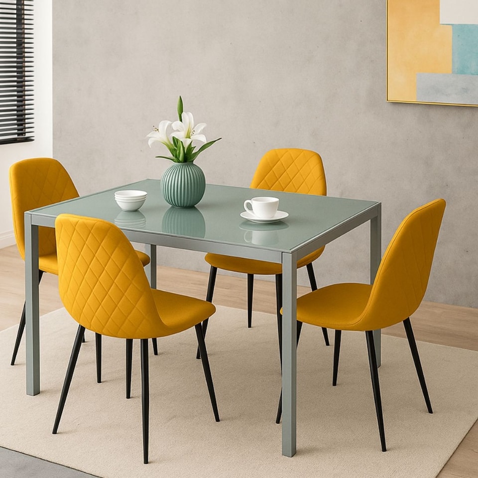 image 1 of Modern Grey Glass Dining Table Set with 4 Mustard Faux Leather Chairs Dining Room Furniture