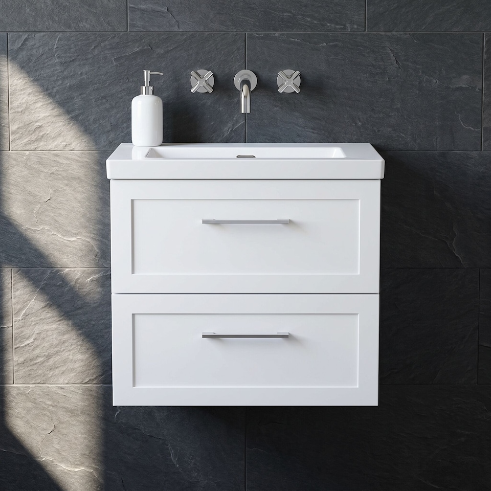 image 1 of Balterley Stonnall Traditional Wall Hung 2 Drawers Vanity Unit with 0 Tap Hole Fireclay Basin, 600mm, Matt White