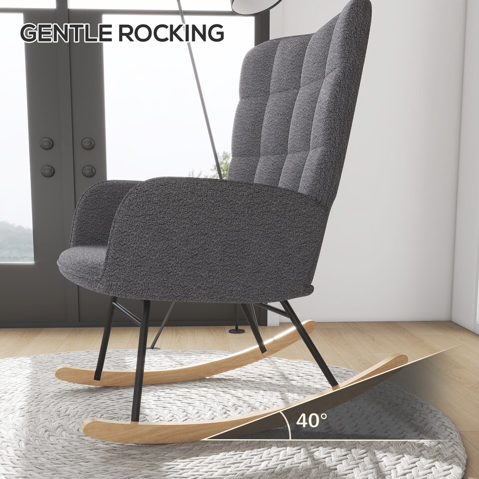 image 1 of HOMCOM Wingback Rocking Chair with Wooden Base, Upholstered Fleece Glider Rocker for Nursing, Modern Armchair - Dark Grey
