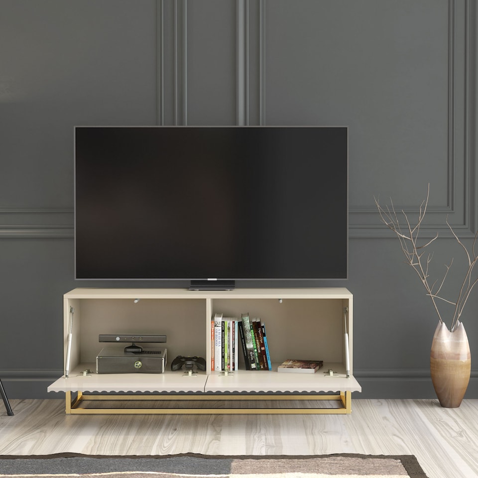 image 1 of TV Unit TV Stand Cashmere Gold Fluted Sideboard Media Console Storage Cabinet 100cm