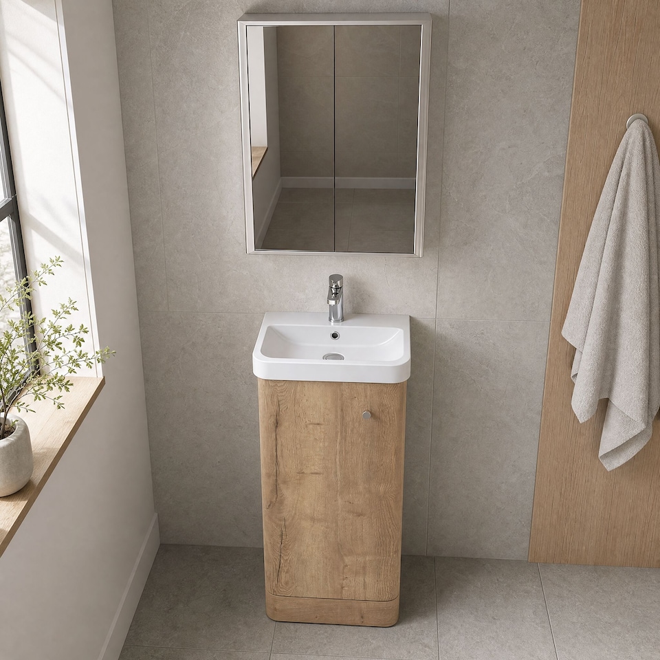 image 1 of Balterley Flashbrook Floor Standing 1 Door Vanity Basin Unit, 400mm, Autumn Oak