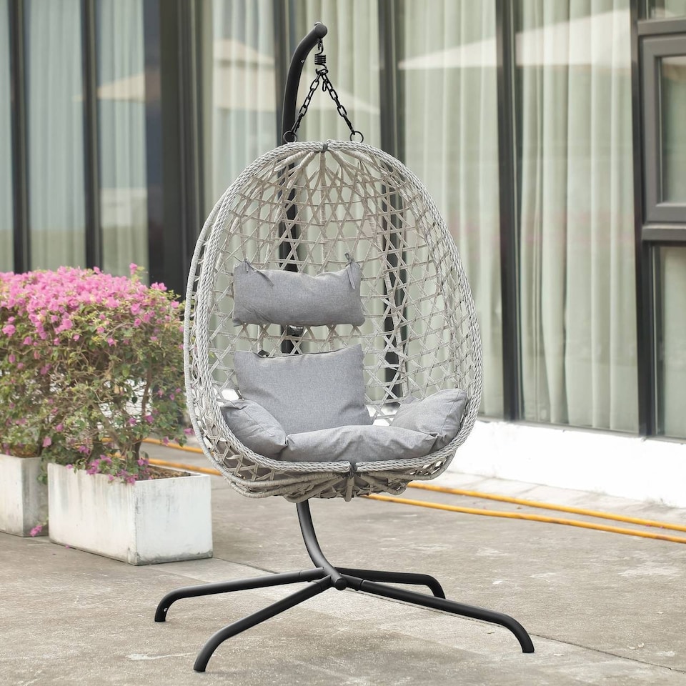 image 1 of URBNLIVING Rattan Hanging Egg Chair With Stand Indoor Outdoor