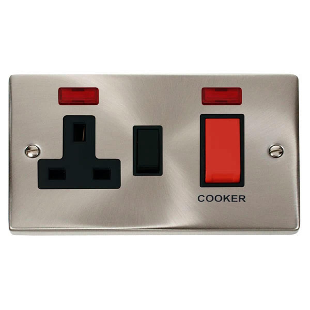 SE Home Satin / Brushed Chrome Cooker Control 45A With 13A Switched Plug Socket & 2 Neons in Metallic Silver
