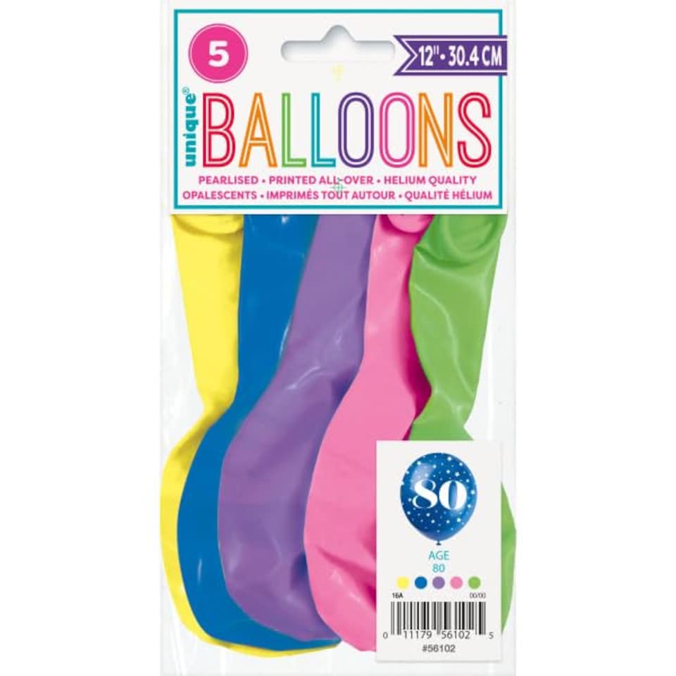 image 1 of Assorted Age 80 Pearlised Biodegradable Latex Balloons 30cm / 12 in - Pack of 5