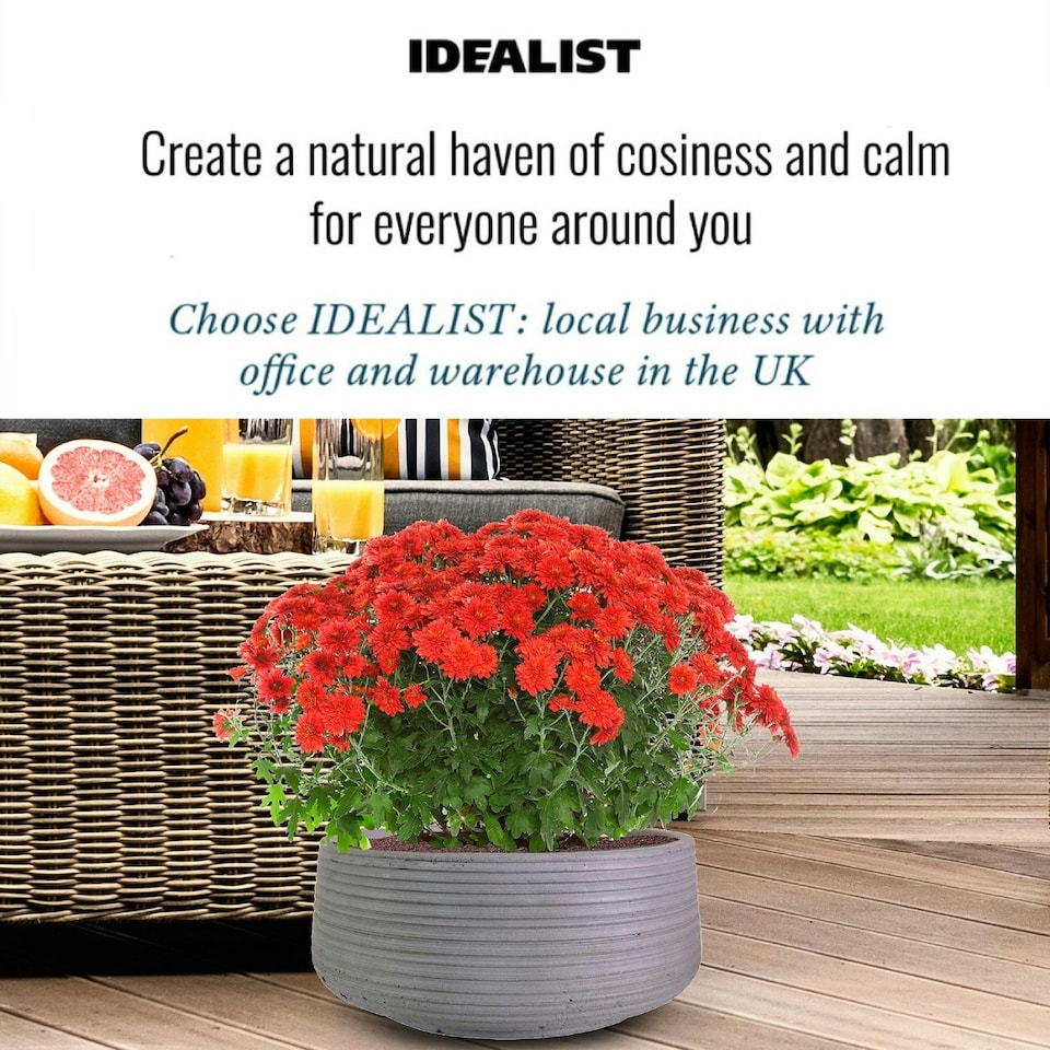 image 1 of Large Ribbed Stone Grey Light Concrete Bowl Garden Planter H12 D31 cm, 9 ltrs Cap.